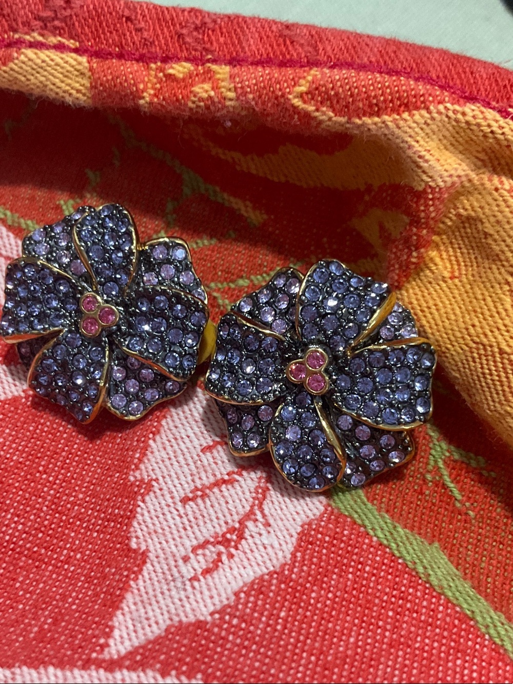 Joan Rivers Purple and Pink Crystal Flower Clip-On Earrings